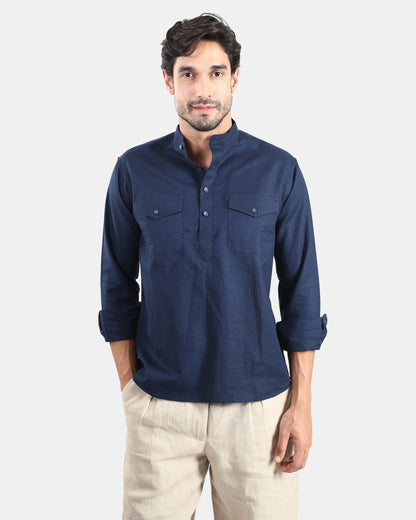 Navy Classic Mandarin Kurta Shirt with Pockets
