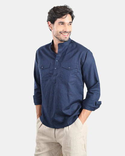 Navy Classic Mandarin Kurta Shirt with Pockets