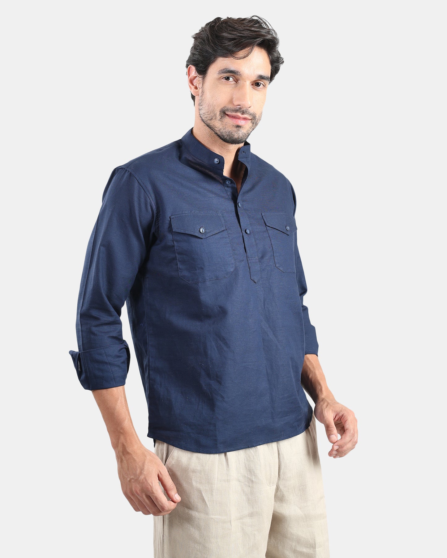 Navy Classic Mandarin Kurta Shirt with Pockets