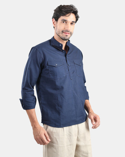 Navy Classic Mandarin Kurta Shirt with Pockets