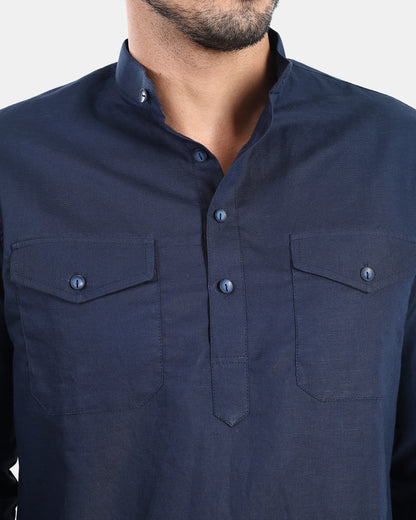 Navy Classic Mandarin Kurta Shirt with Pockets