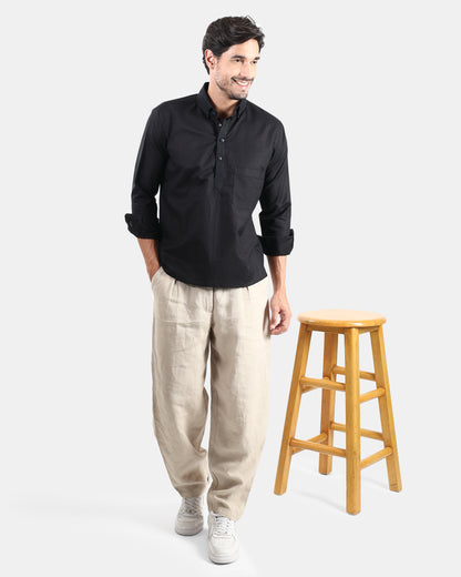 Classic Black Linen Kurta Shirt with Down buttoned Collar