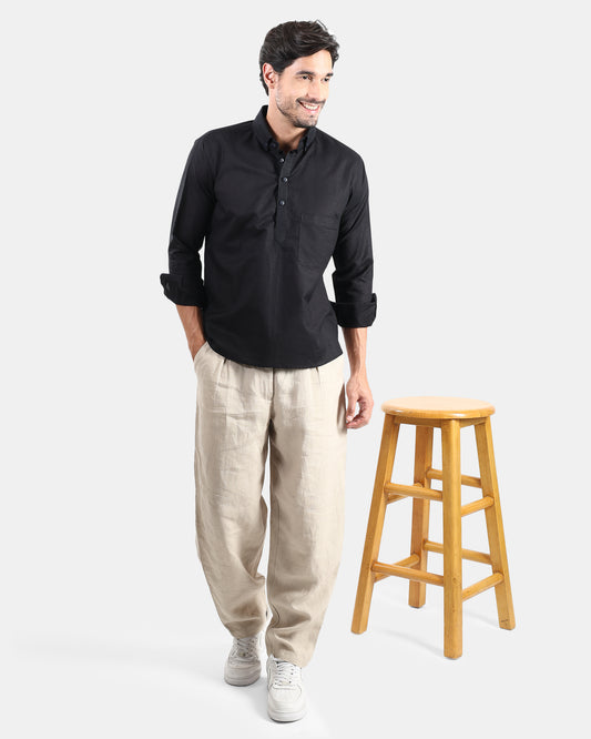 Classic Black Linen Kurta Shirt with Down buttoned Collar