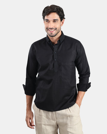 Classic Black Linen Kurta Shirt with Down buttoned Collar