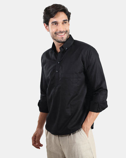 Classic Black Linen Kurta Shirt with Down buttoned Collar