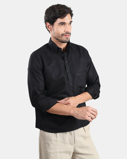 Classic Black Linen Kurta Shirt with Down buttoned Collar