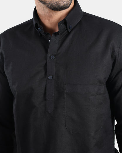 Classic Black Linen Kurta Shirt with Down buttoned Collar