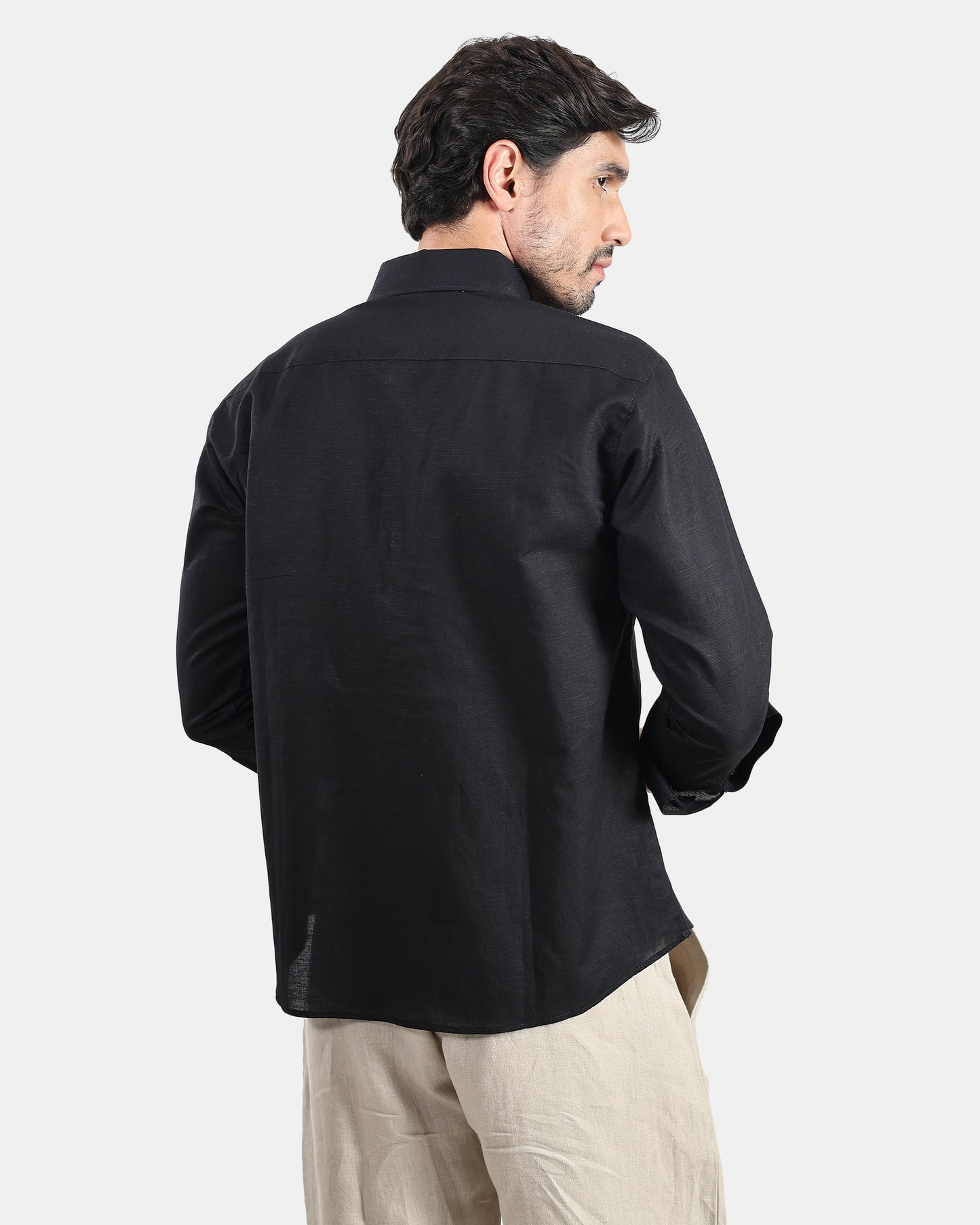 Classic Black Linen Kurta Shirt with Down buttoned Collar