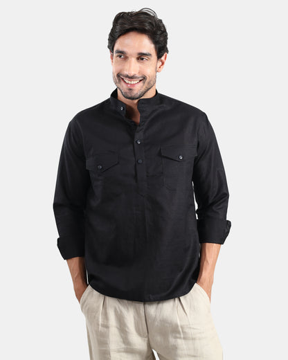 Black Classic Mandarin Kurta Shirt with Pockets