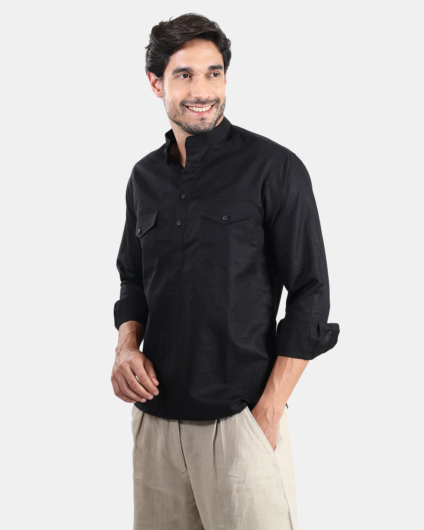 Black Classic Mandarin Kurta Shirt with Pockets