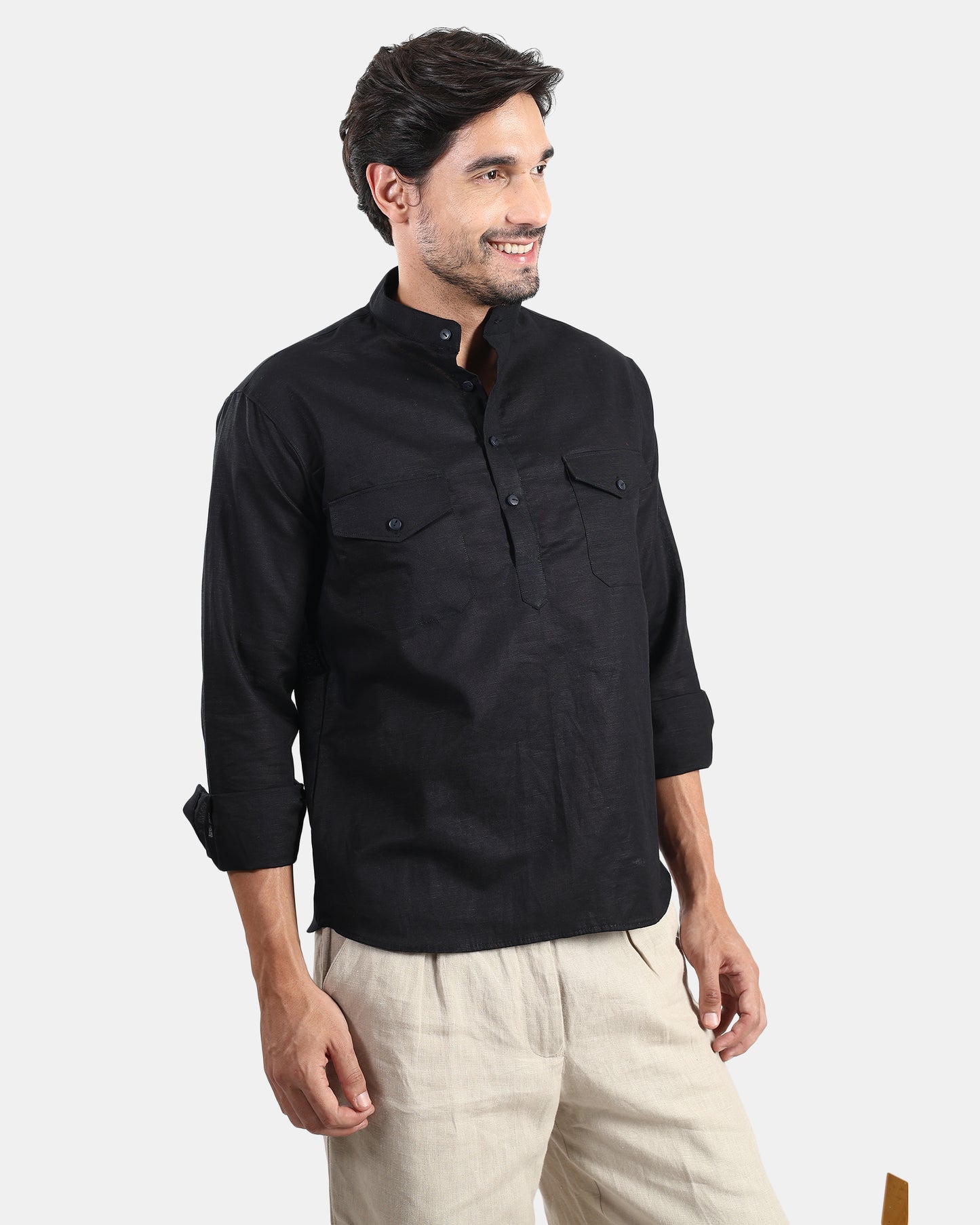 Black Classic Mandarin Kurta Shirt with Pockets