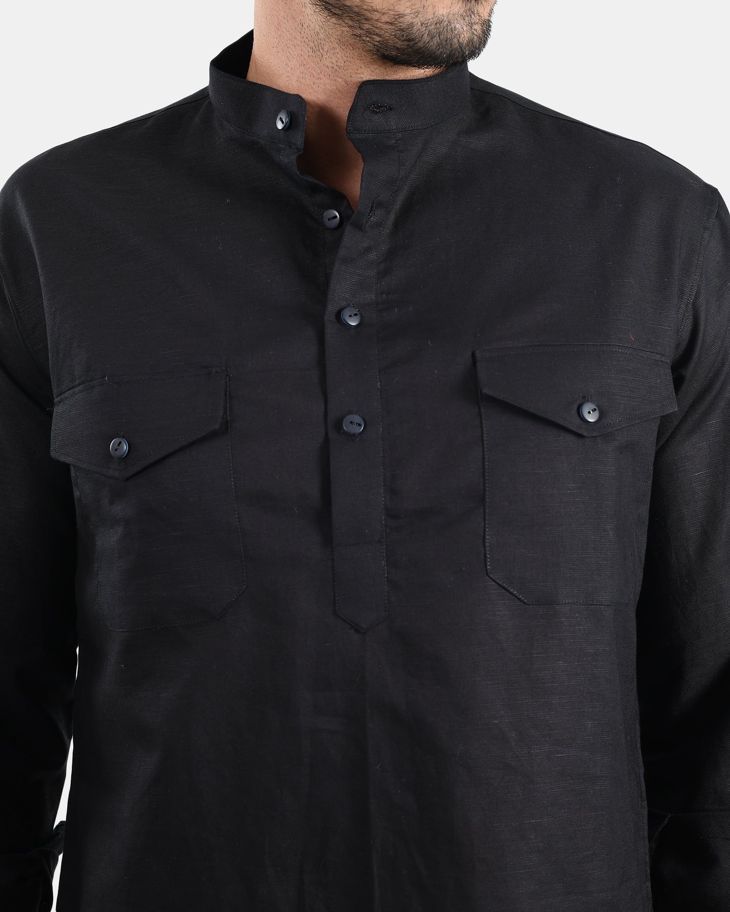 Black Classic Mandarin Kurta Shirt with Pockets