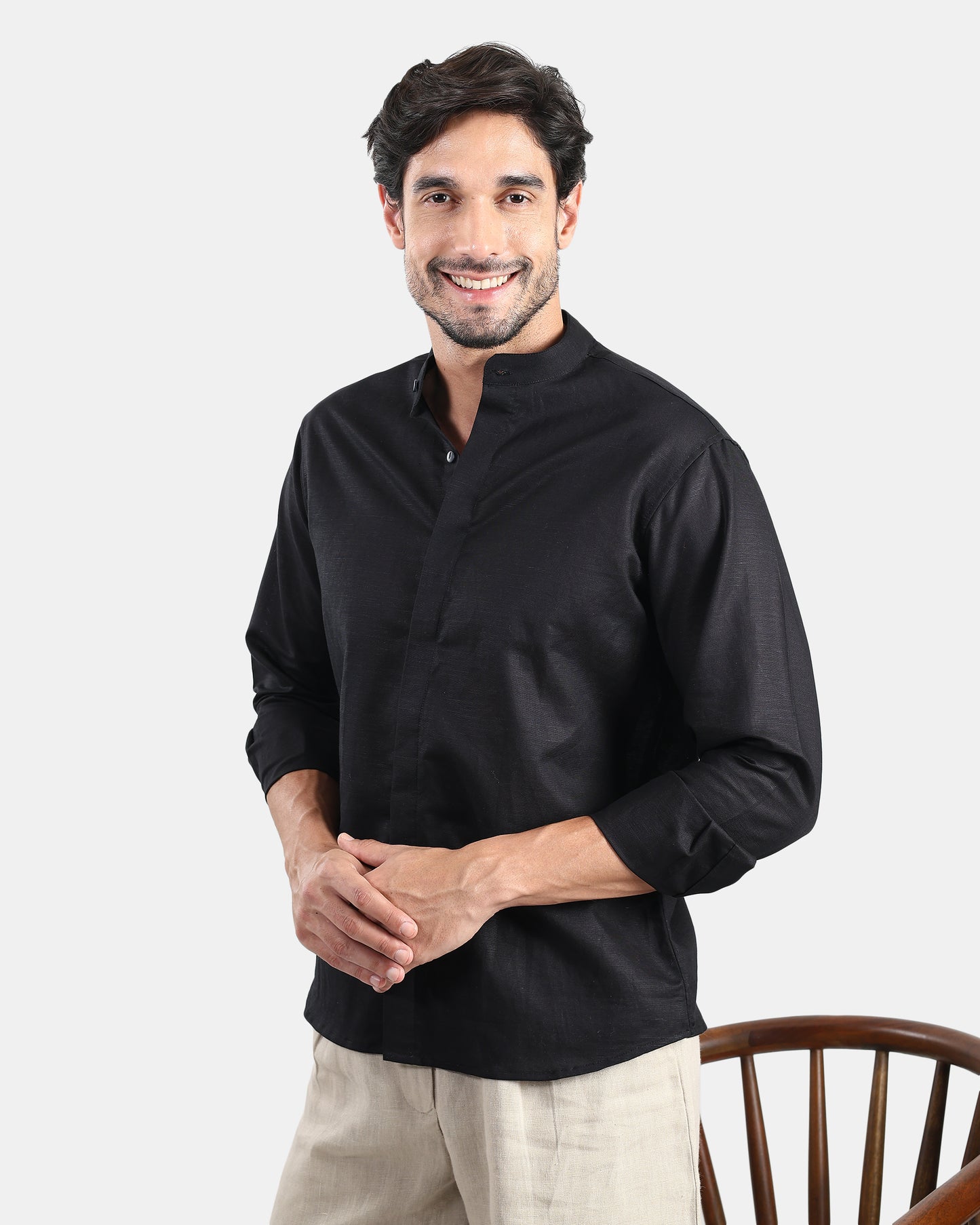 Concealed Placket Premium Black Linen Shirt for Men with Mandarin Collar