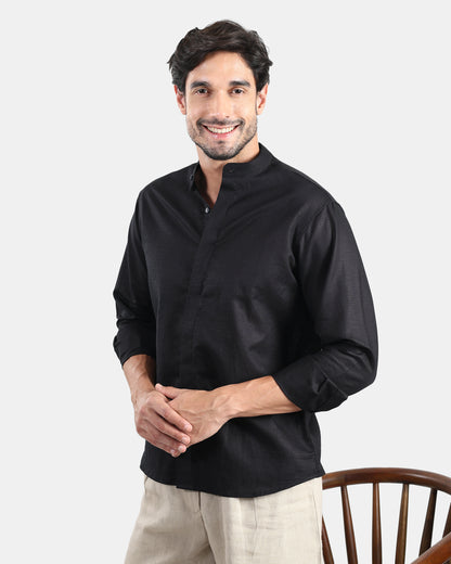 Concealed Placket Premium Black Linen Shirt for Men with Mandarin Collar