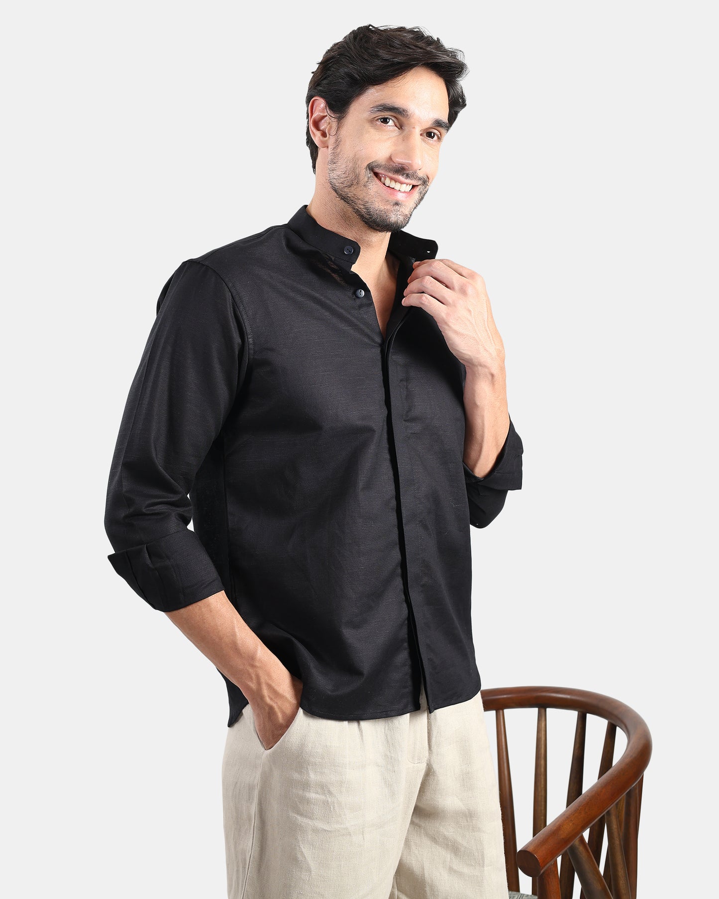 Concealed Placket Premium Black Linen Shirt for Men with Mandarin Collar