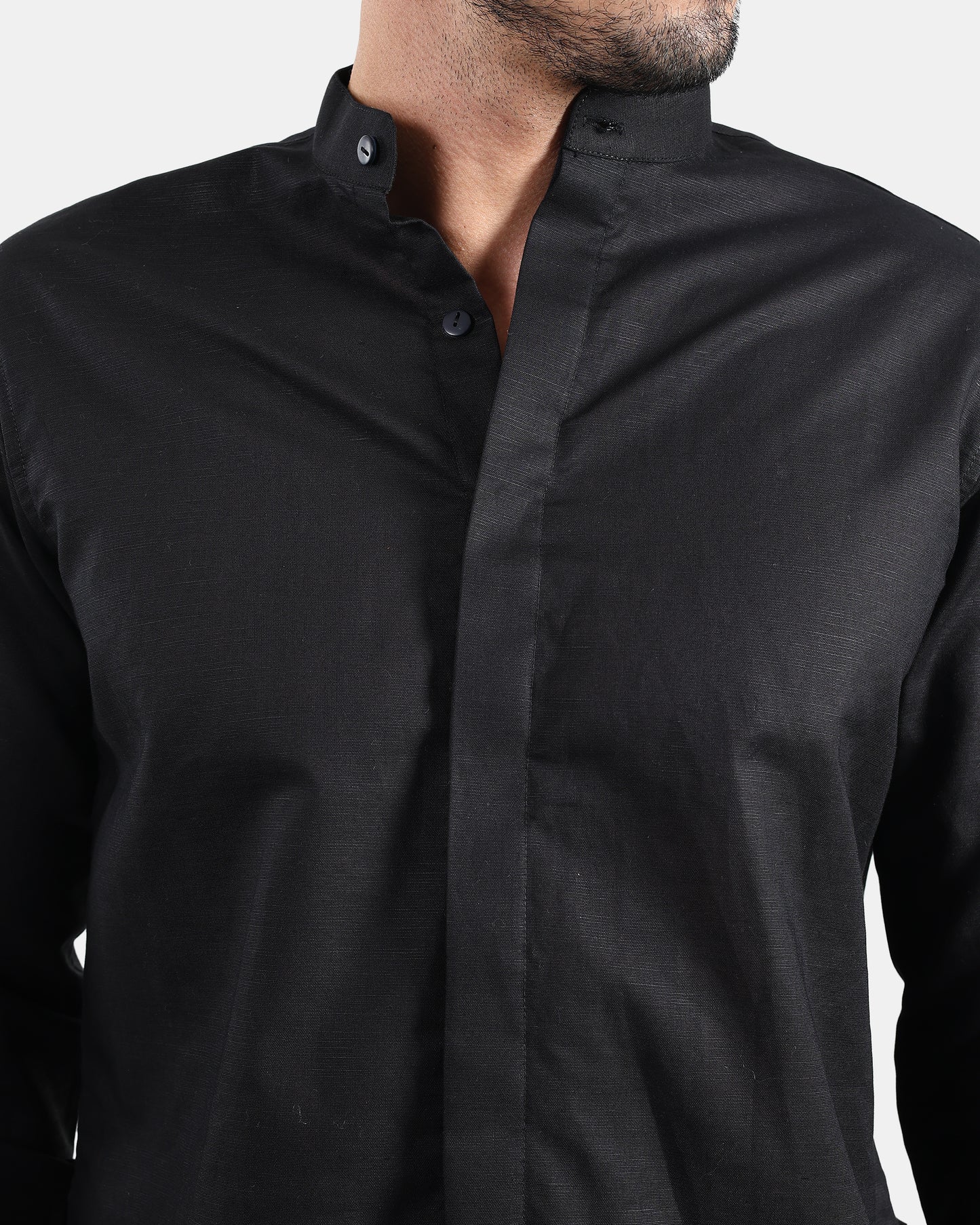 Concealed Placket Premium Black Linen Shirt for Men with Mandarin Collar