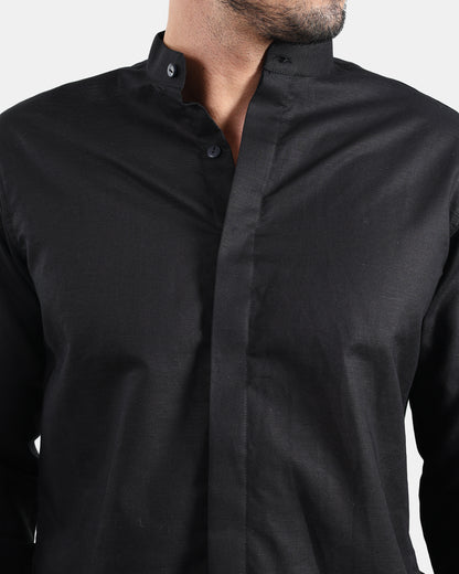 Concealed Placket Premium Black Linen Shirt for Men with Mandarin Collar