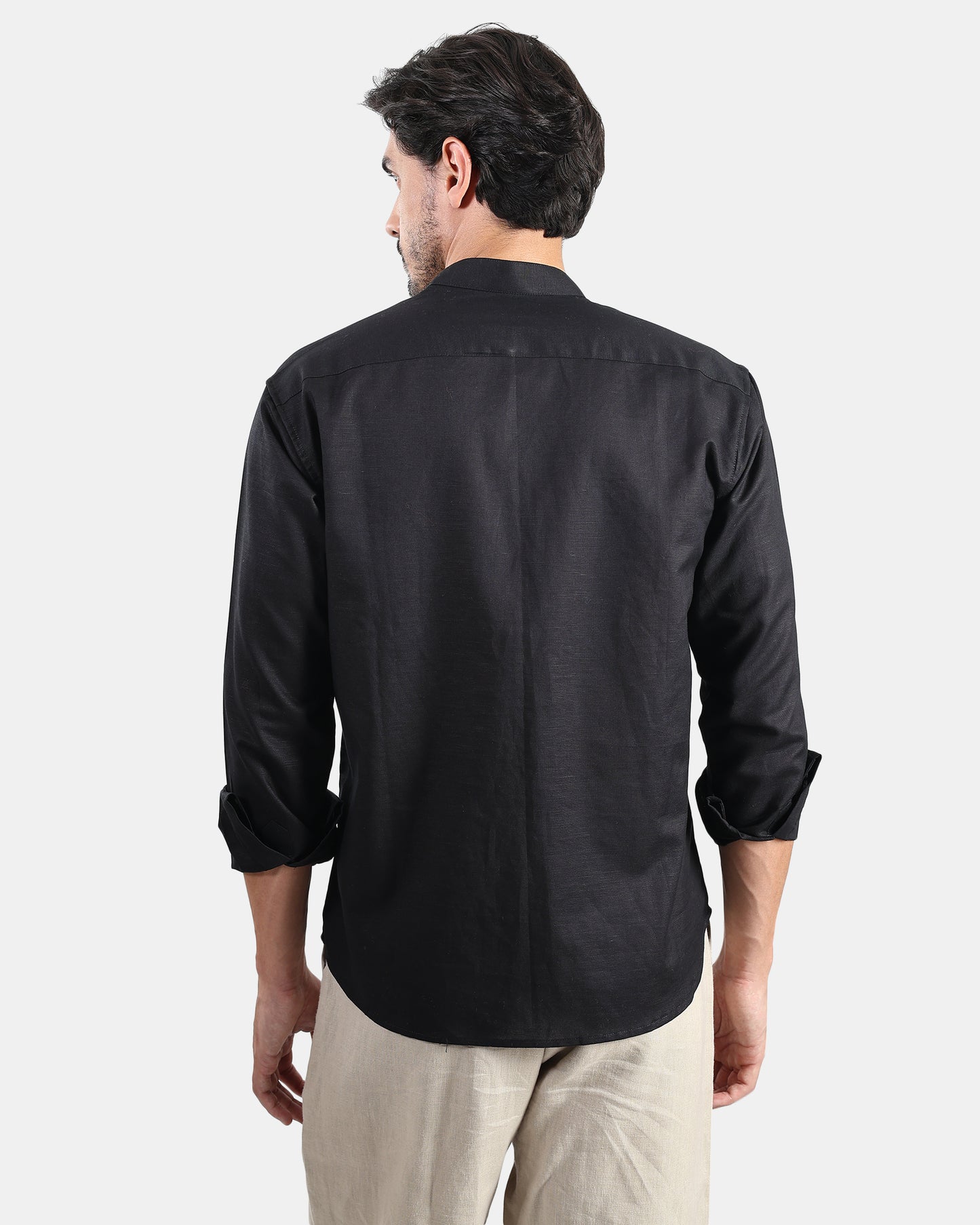 Concealed Placket Premium Black Linen Shirt for Men with Mandarin Collar