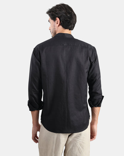 Concealed Placket Premium Black Linen Shirt for Men with Mandarin Collar
