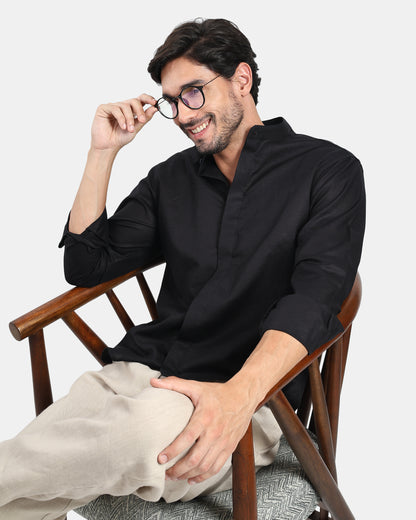 Concealed Placket Premium Black Linen Shirt for Men with Mandarin Collar