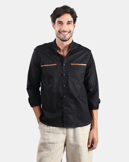 Nomad Leather-Trim Linen Bush Shirt (Black+Tan detailing) - With Mandarin Collar