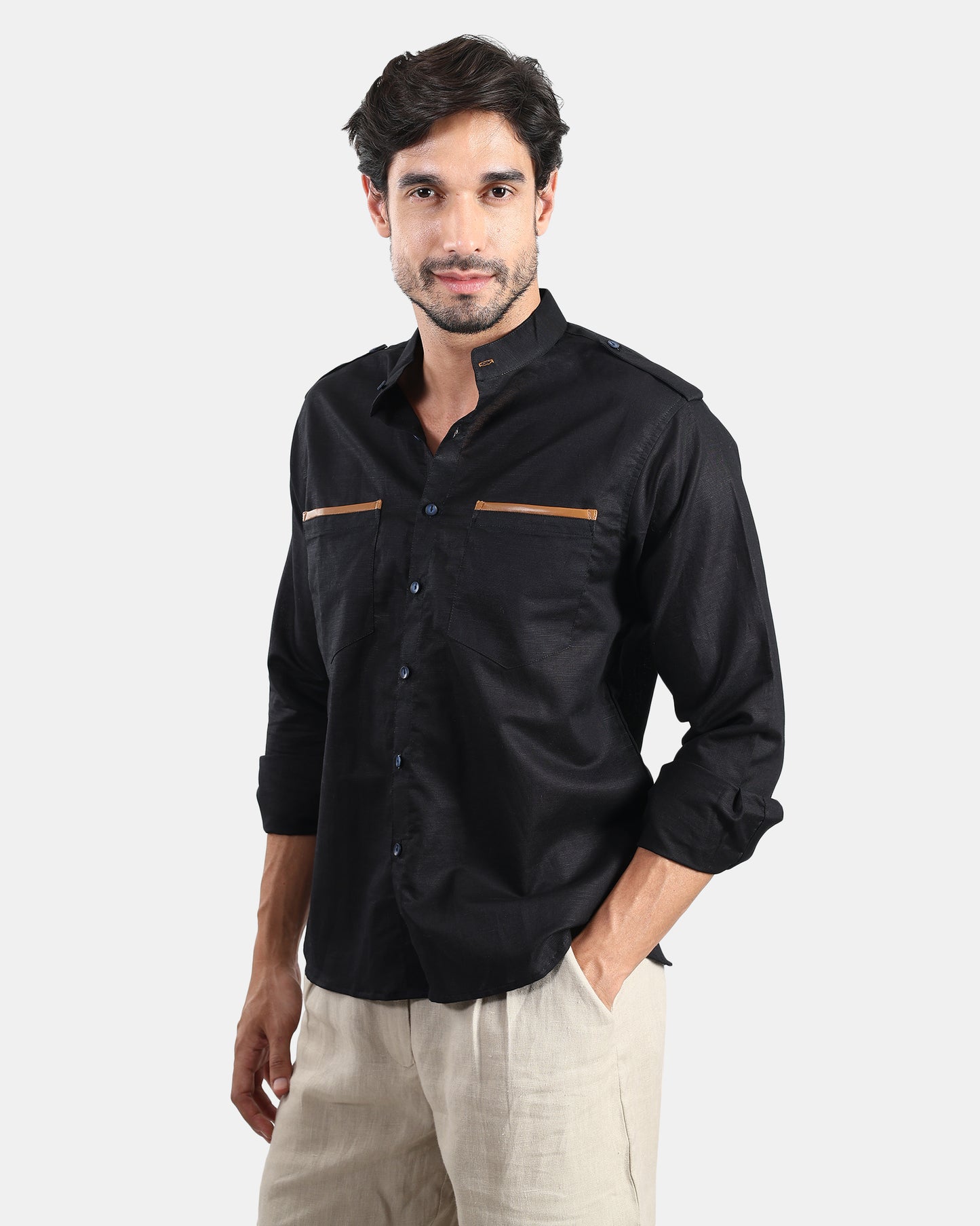 Nomad Leather-Trim Linen Bush Shirt (Black+Tan detailing) - With Mandarin Collar