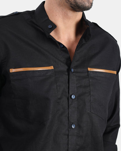 Nomad Leather-Trim Linen Bush Shirt (Black+Tan detailing) - With Mandarin Collar