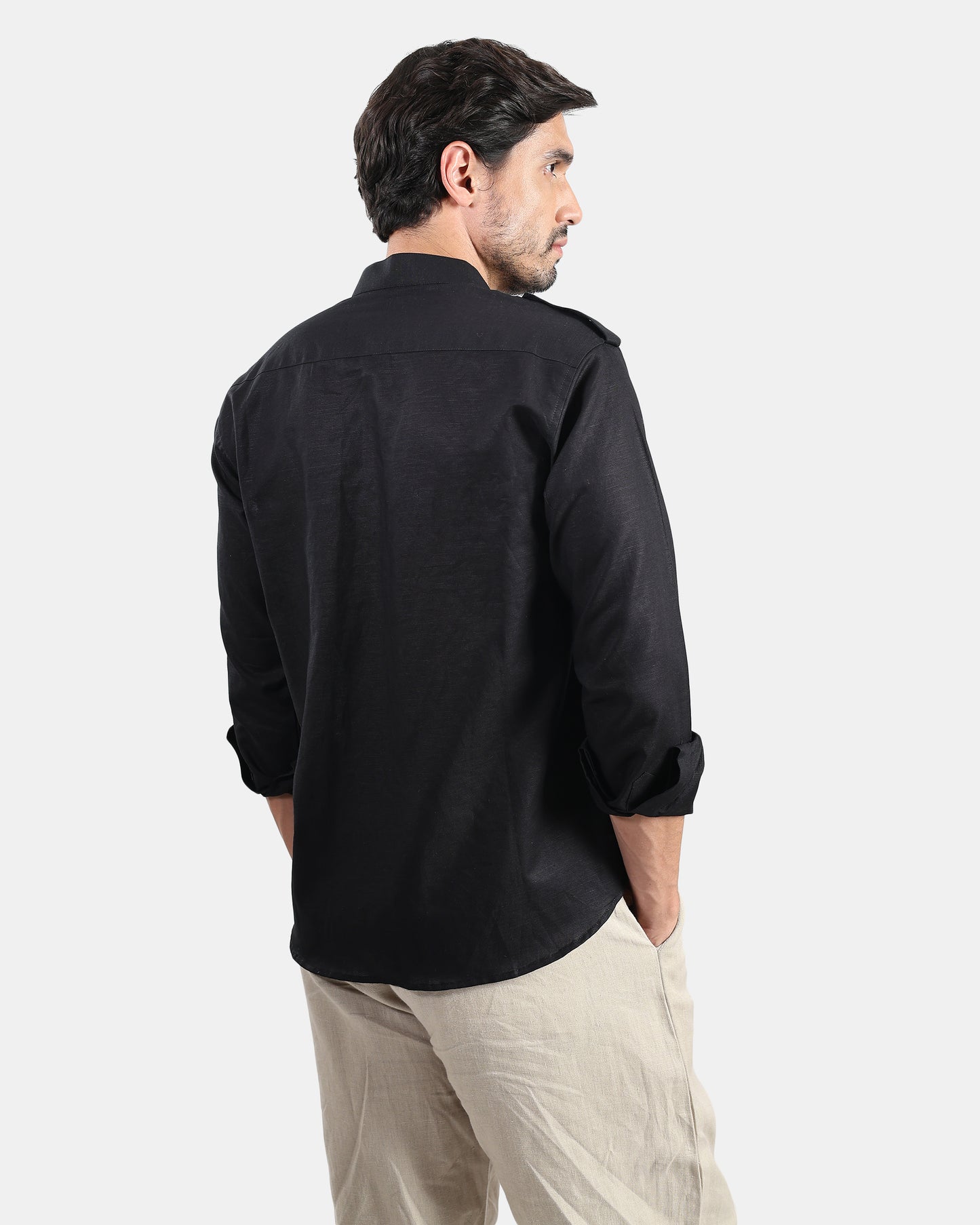 Nomad Leather-Trim Linen Bush Shirt (Black+Tan detailing) - With Mandarin Collar