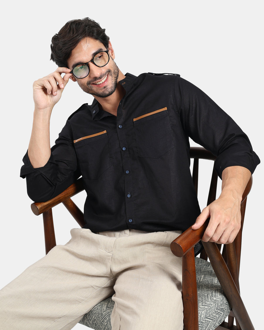 Black Linen Bush Shirt | Tan Leather