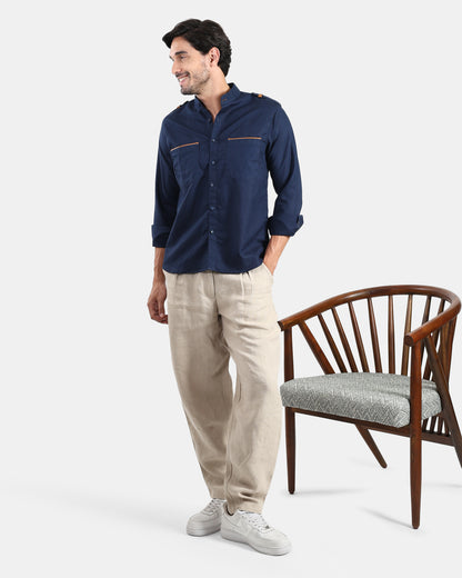 Nomad Leather-Trim Linen Bush Shirt (Navy+Tan detailing) - With Mandarin Collar