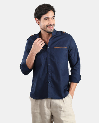 Nomad Leather-Trim Linen Bush Shirt (Navy+Tan detailing) - With Mandarin Collar