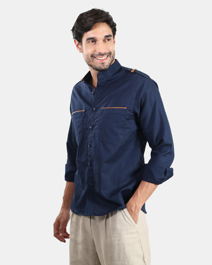 Nomad Leather-Trim Linen Bush Shirt (Navy+Tan detailing) - With Mandarin Collar