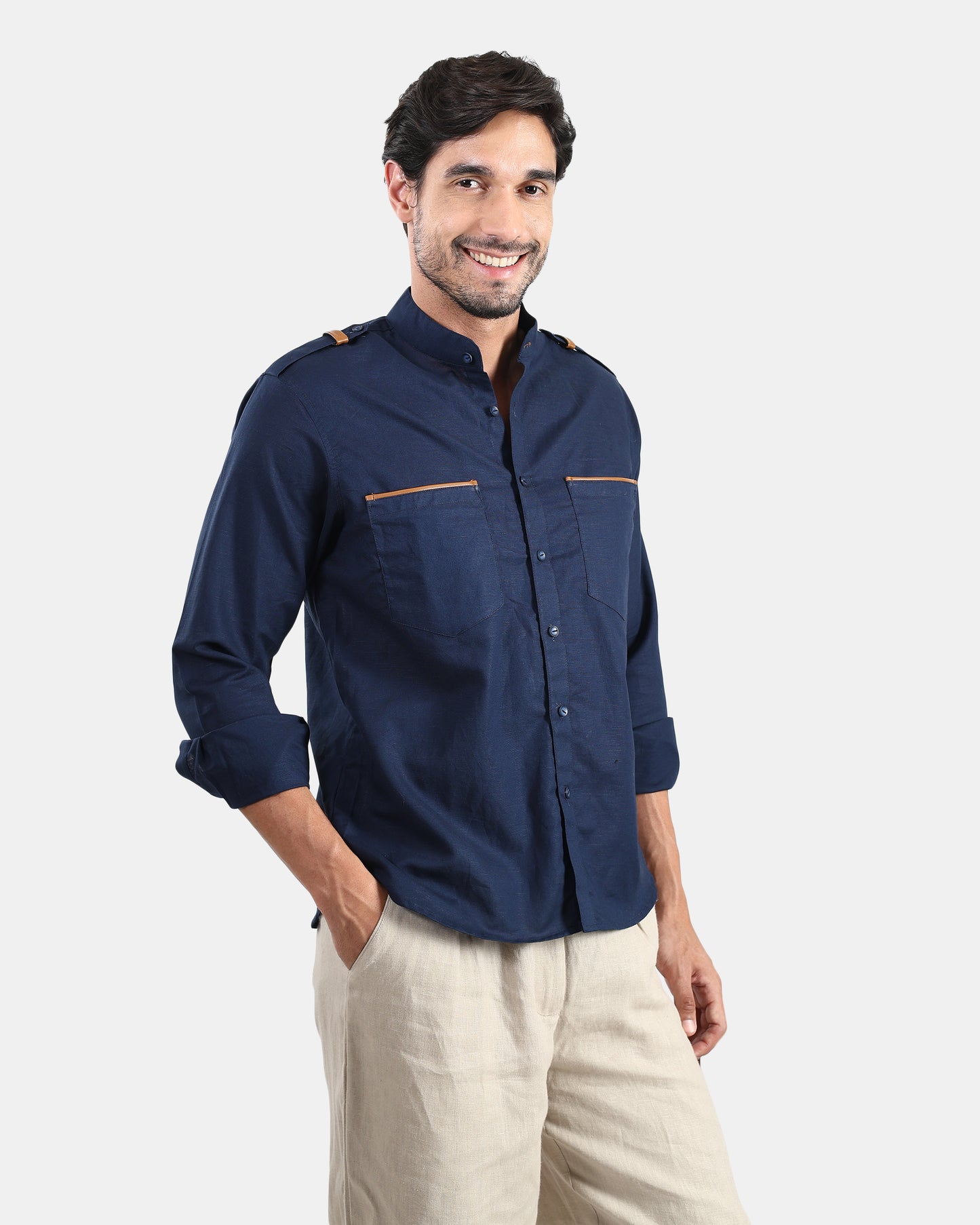 Nomad Leather-Trim Linen Bush Shirt (Navy+Tan detailing) - With Mandarin Collar
