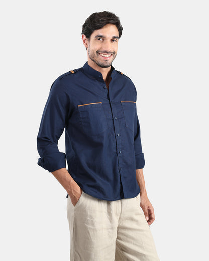 Nomad Leather-Trim Linen Bush Shirt (Navy+Tan detailing) - With Mandarin Collar