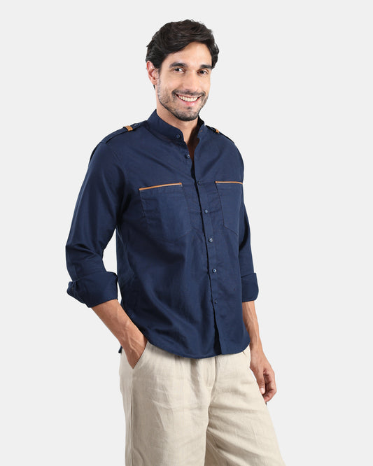 Nomad Leather-Trim Linen Bush Shirt (Navy+Tan detailing) - With Mandarin Collar