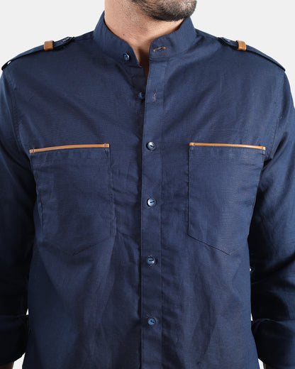 Nomad Leather-Trim Linen Bush Shirt (Navy+Tan detailing) - With Mandarin Collar