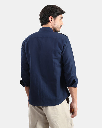 Nomad Leather-Trim Linen Bush Shirt (Navy+Tan detailing) - With Mandarin Collar