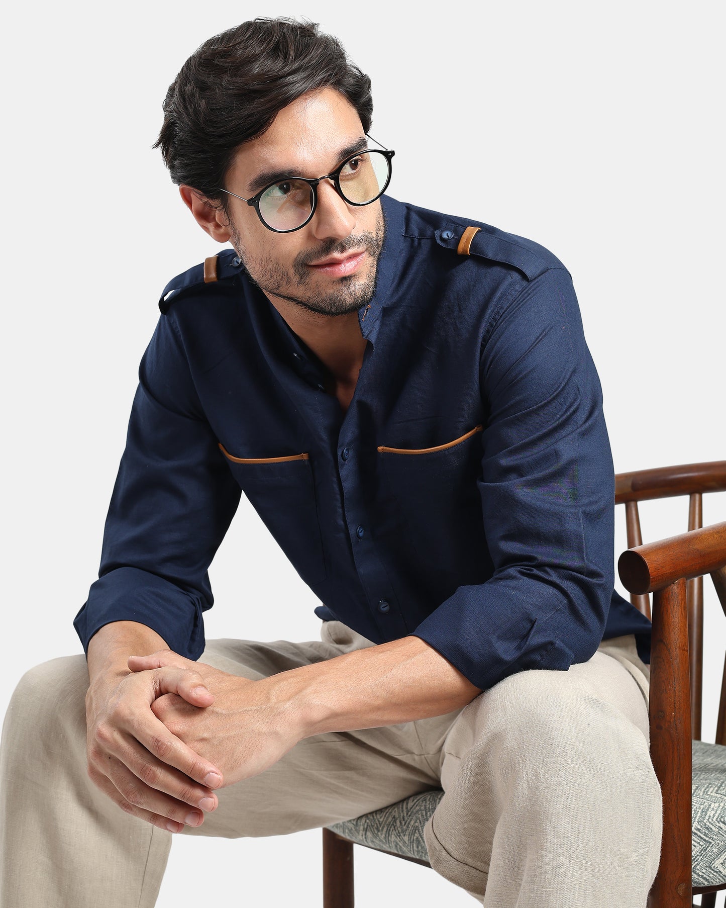 Nomad Leather-Trim Linen Bush Shirt (Navy+Tan detailing) - With Mandarin Collar