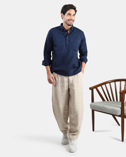 Classic Navy Blue Linen Kurta Shirt with Down buttoned Collar