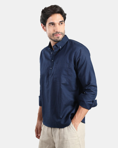 Classic Navy Blue Linen Kurta Shirt with Down buttoned Collar