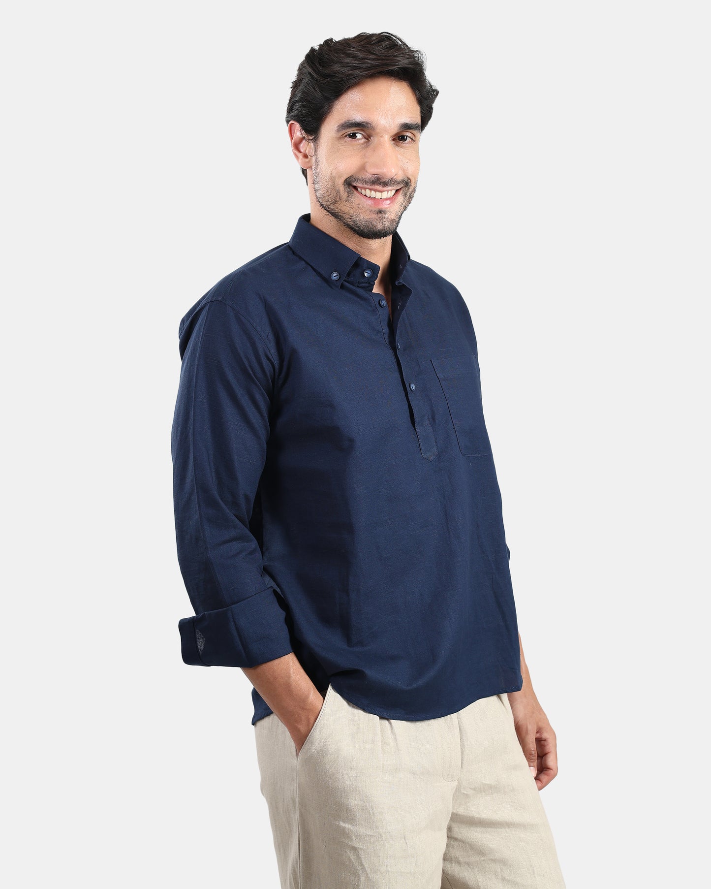 Classic Navy Blue Linen Kurta Shirt with Down buttoned Collar