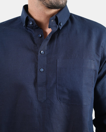 Classic Navy Blue Linen Kurta Shirt with Down buttoned Collar