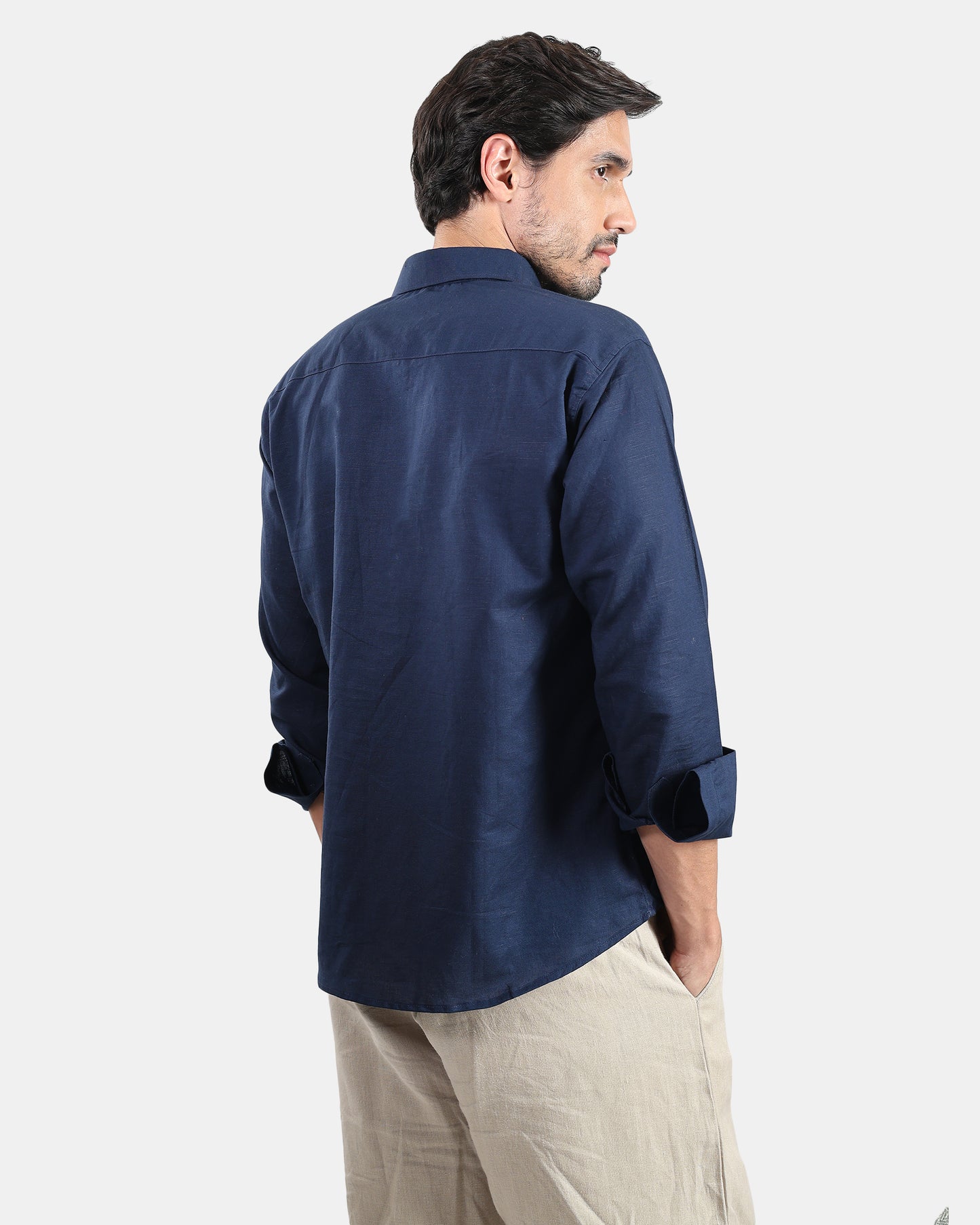 Classic Navy Blue Linen Kurta Shirt with Down buttoned Collar