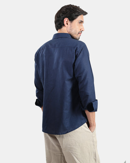 Classic Navy Blue Linen Kurta Shirt with Down buttoned Collar