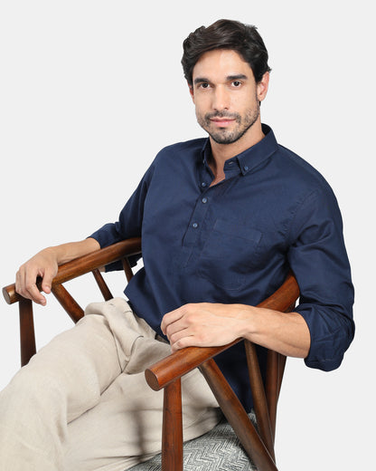 Classic Navy Blue Linen Kurta Shirt with Down buttoned Collar