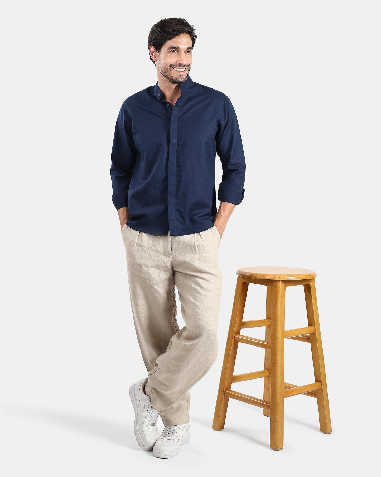Concealed Placket Premium Navy Blue Linen Shirt for Men with Mandarin Collar