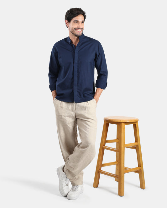 Concealed Placket Premium Navy Blue Linen Shirt for Men with Mandarin Collar
