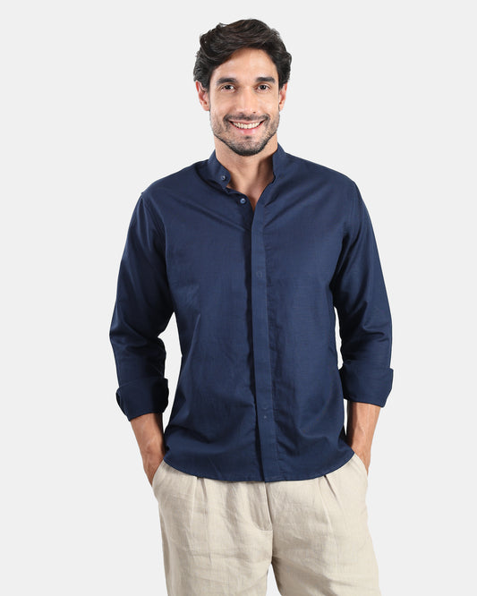 Navy Blue Linen Shirt | Concealed Placket