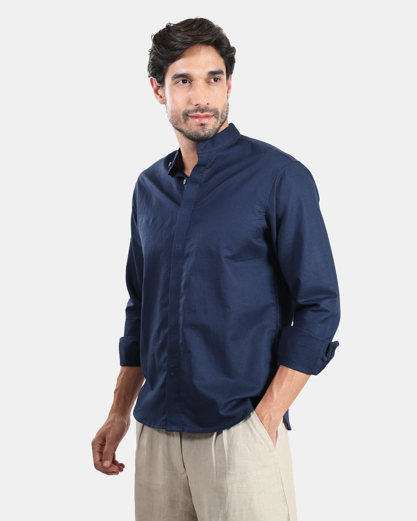 Concealed Placket Premium Navy Blue Linen Shirt for Men with Mandarin Collar