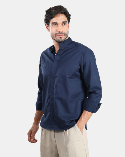 Concealed Placket Premium Navy Blue Linen Shirt for Men with Mandarin Collar